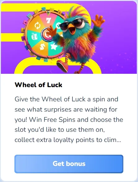 Wheel of Luck banner with colorful bird and bonus offer
