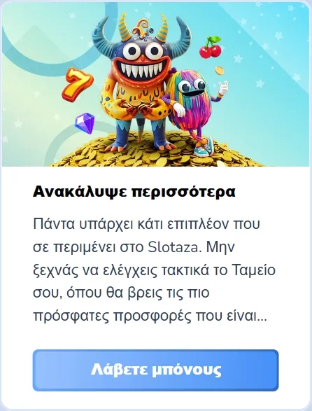 Slotaza Casino promotional banner with cartoon monsters and bonus offer
