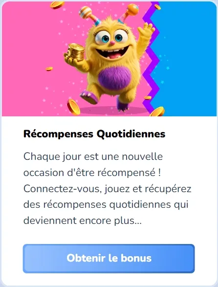 Slotaza Casino daily rewards banner with a cute monster holding gold coins