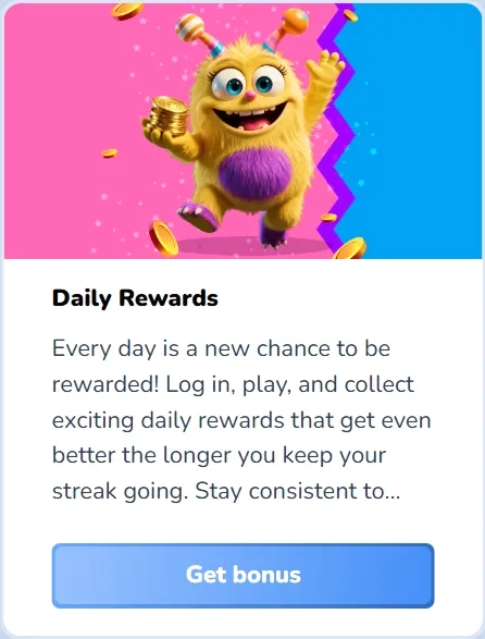 Slotaza Casino daily rewards banner with a playful monster and coins