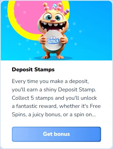 Slotaza Casino promotional banner with Deposit Stamps and Get bonus button