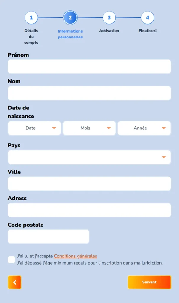 Slotaza Casino mobile registration form with personal details fields