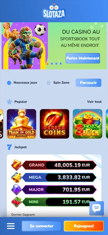 Slotaza Casino mobile lobby showing jackpot amounts and game thumbnails