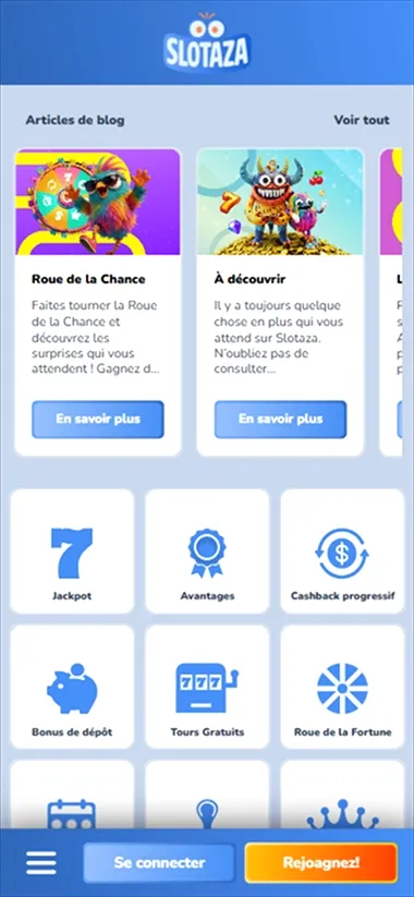 Slotaza Casino mobile screen showing blog articles and game categories