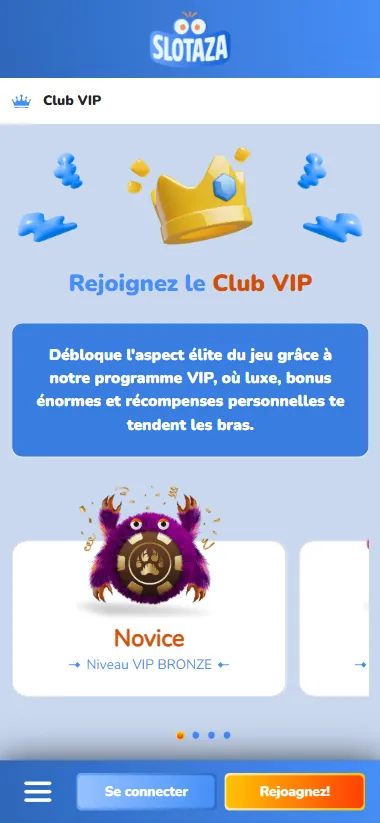 Slotaza Casino mobile VIP Club screen with Novice level and crown