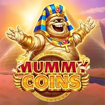 Mummy Coins slot game with a smiling mummy and pyramids