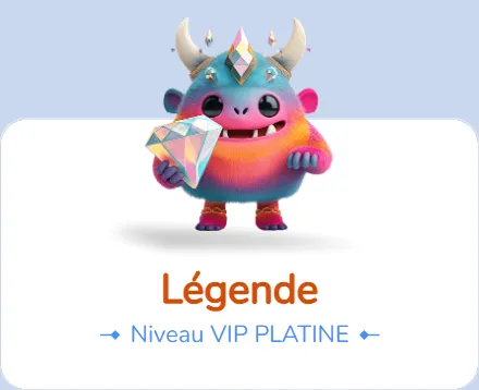 Colorful monster holding diamond, "Légende" and "Niveau VIP PLATINE" text